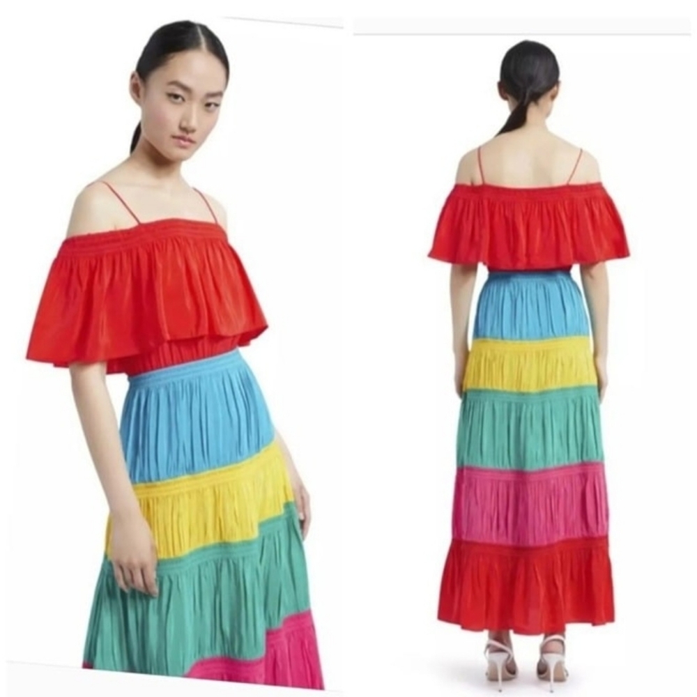 Alice + Olivia Kia Smocked Rainbow Cold-Shoulder Dress Size 10 - Picture 3 of 12